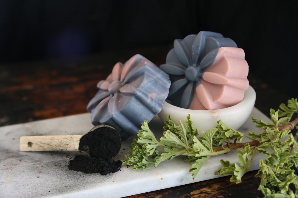 ACTIVATED CHARCOAL ROSE GERANIUM AND PINK CLAY OLIVE OIL SOAP